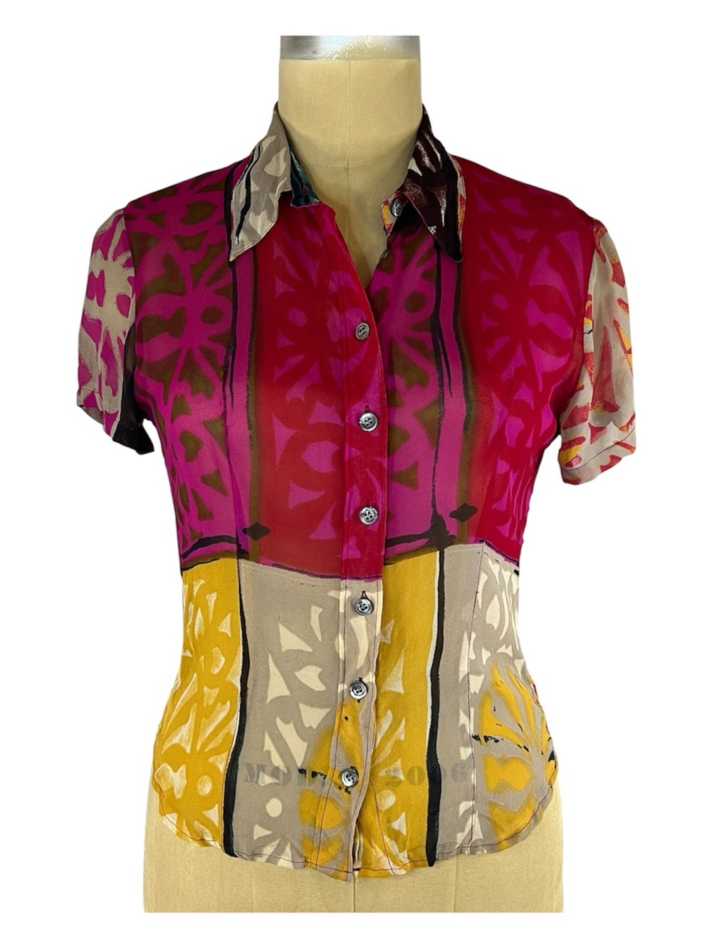 Vintage 90’s Silk Colorblock artsy Button-Up Graphic Print Fitted Blouse
